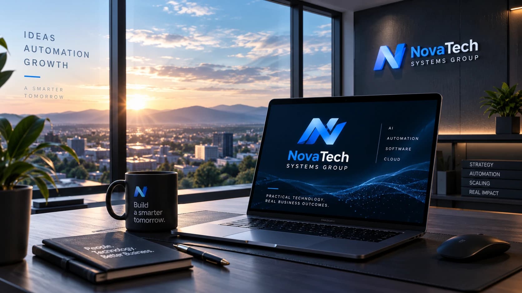 NovaTech-branded laptop and workspace overlooking a city at sunrise