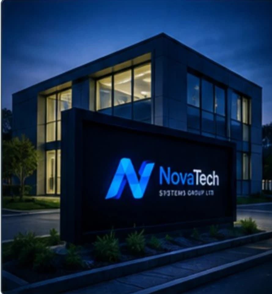 The NovaTech Systems Group office sign in Motherwell, Scotland at dusk